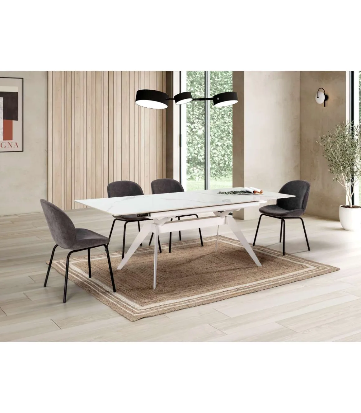 Mesa comedor rectangular extensible MANU tapa cerámico blanco patas metal blanco, 76cm(alto) 160/220cm(ancho) 90cm(largo)