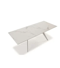 Mesa comedor rectangular extensible MANU tapa cerámico blanco patas metal blanco, 76cm(alto) 160/220cm(ancho) 90cm(largo)