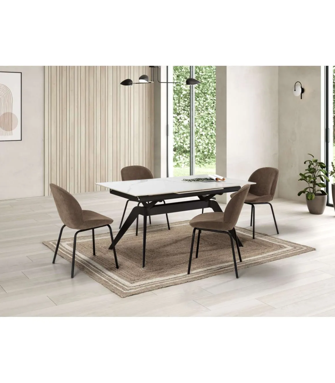 Mesa comedor rectangular extensible MANU tapa cerámico blanco patas metal negro, 76cm(alto) 160/220cm(ancho) 90cm(largo)