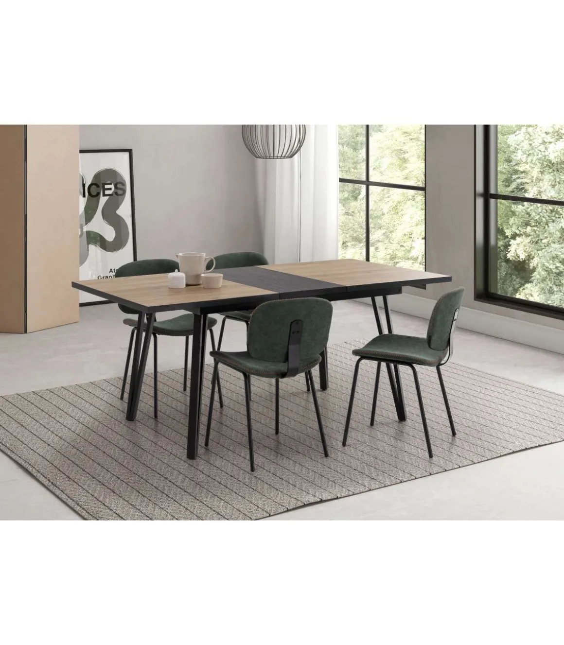 Mesa comedor rectangular extensible ALVARO acabado natural/negro, 77cm(alto) 140/180cm(ancho) 90cm(largo).