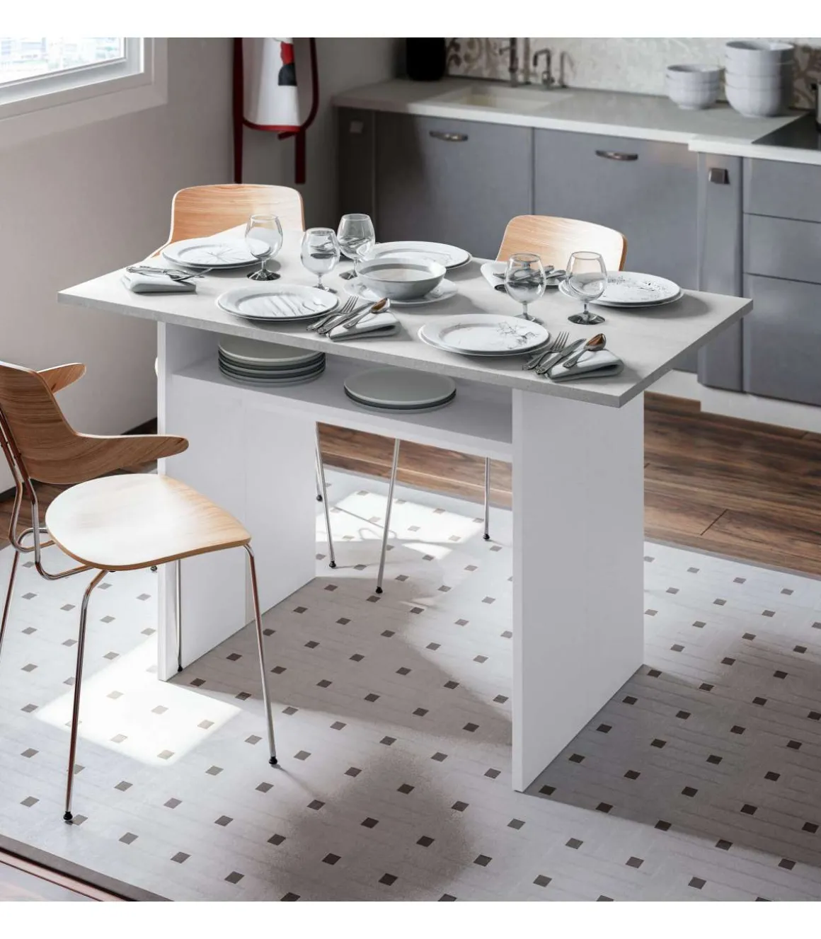 Mesa consola o cocina desplegable Gio en blanco Artik y gris Cemento 120 cm(ancho) 77 cm(alto) 35/70 cm(fondo)