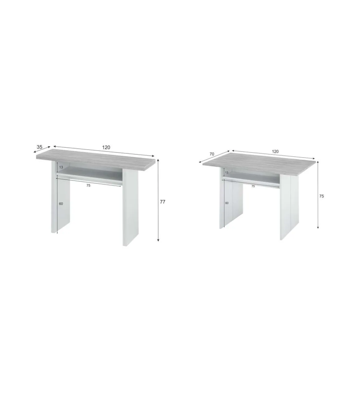 Mesa consola o cocina desplegable Gio en blanco Artik y gris Cemento 120 cm(ancho) 77 cm(alto) 35/70 cm(fondo)