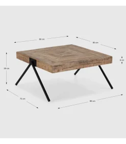 Mesa de centro cuadrada modelo Aaron acabado madera de mango natural, 40cm(alto) 80cm(ancho) 80cm(fondo).