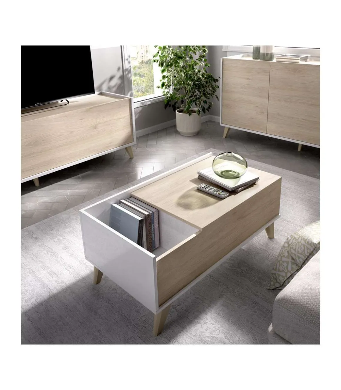 Mesa de centro elevable Cazalilla en natural/blanco, 41 cm(alto)99 cm(ancho)60 cm(largo)
