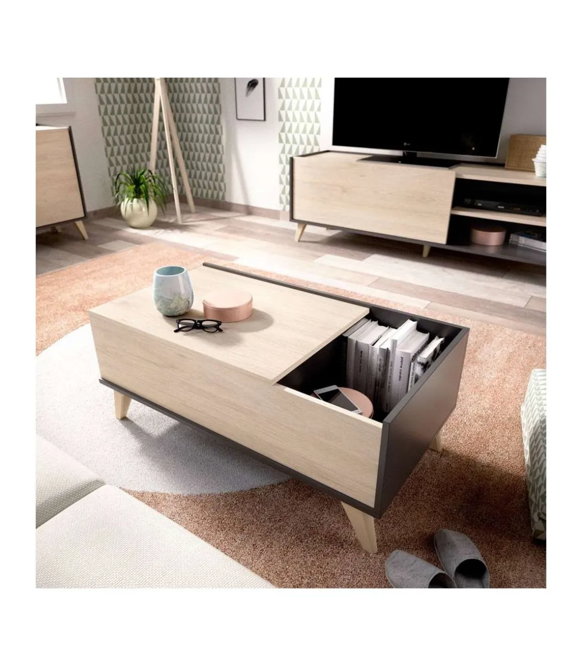 Mesa de centro elevable Cazalilla acabado natural/grafito, 41 cm(alto)99 cm(ancho)60 cm(largo)