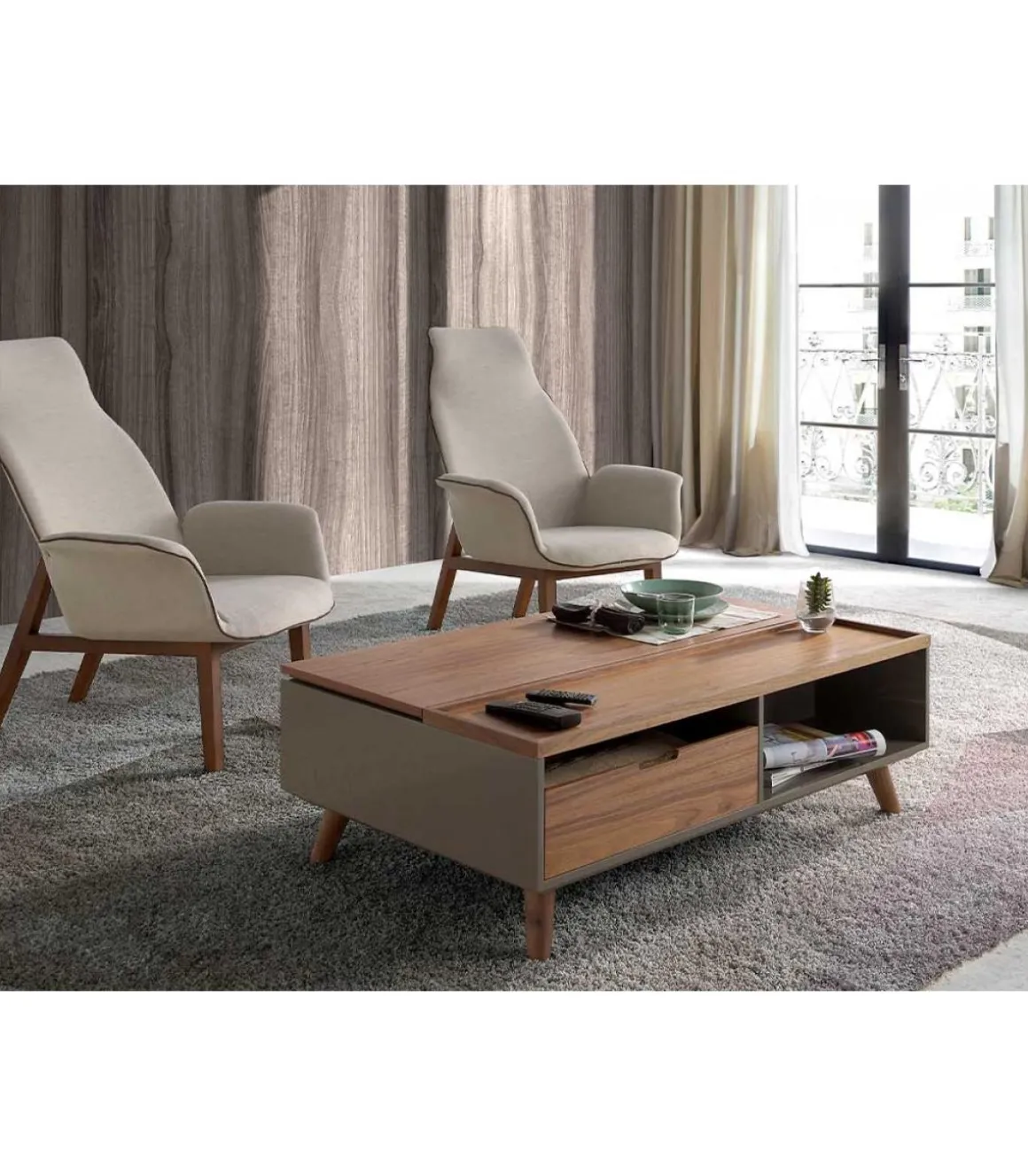 Mesa de centro elevable en nogal Nour, 120 x 75/102 x 41/61 cm (largo x ancho x alto)