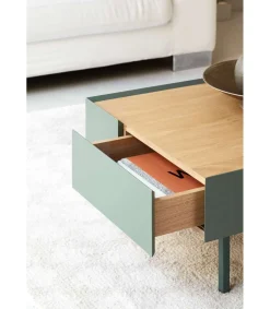 Mesa de centro para comedor modelo Arista 2 cajones acabado verde oliva, 60cm(ancho) 34cm(alto) 110cm (largo)