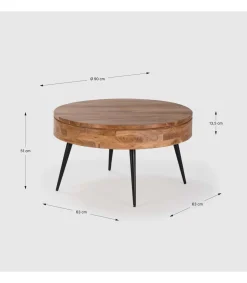 Mesa de centro redonda modelo Erika acabado madera de acacia, 50cm(alto) 90cm(ancho) 90cm(fondo).