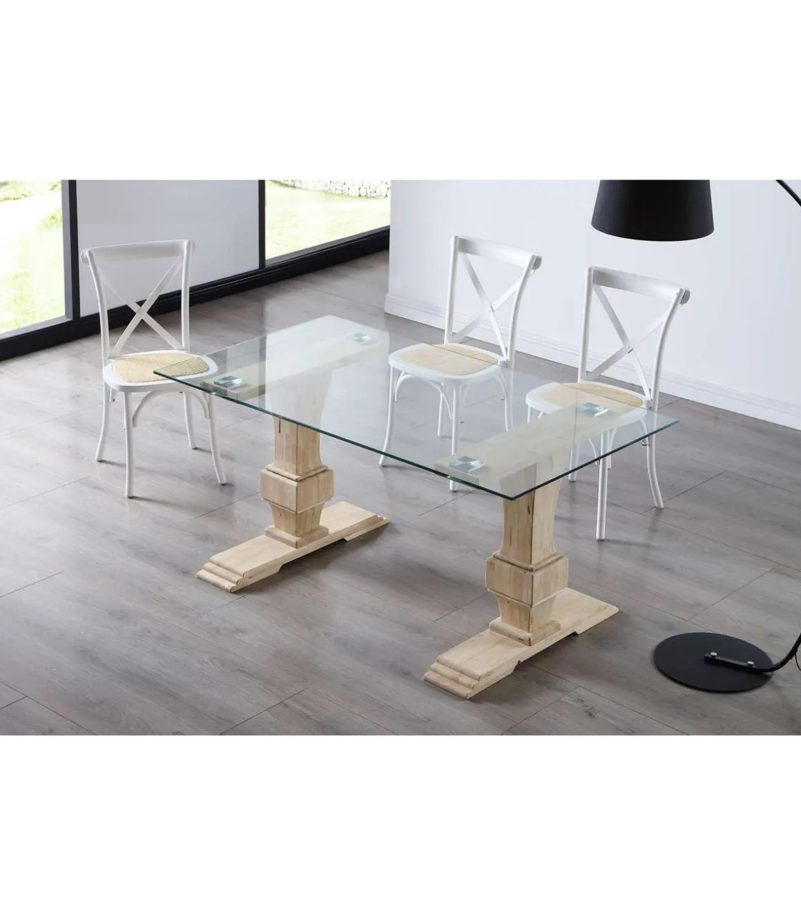 Mesa de comedor Versalles acabado Roble Nordish tapa cristal, 76cm(alto) 150cm(ancho) 90cm(largo)