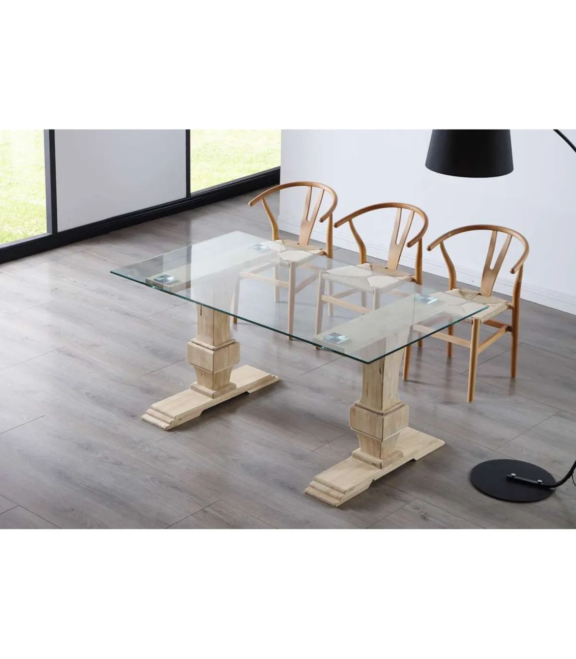 Mesa de comedor Versalles acabado Roble Nordish tapa cristal, 76cm(alto) 150cm(ancho) 90cm(largo)