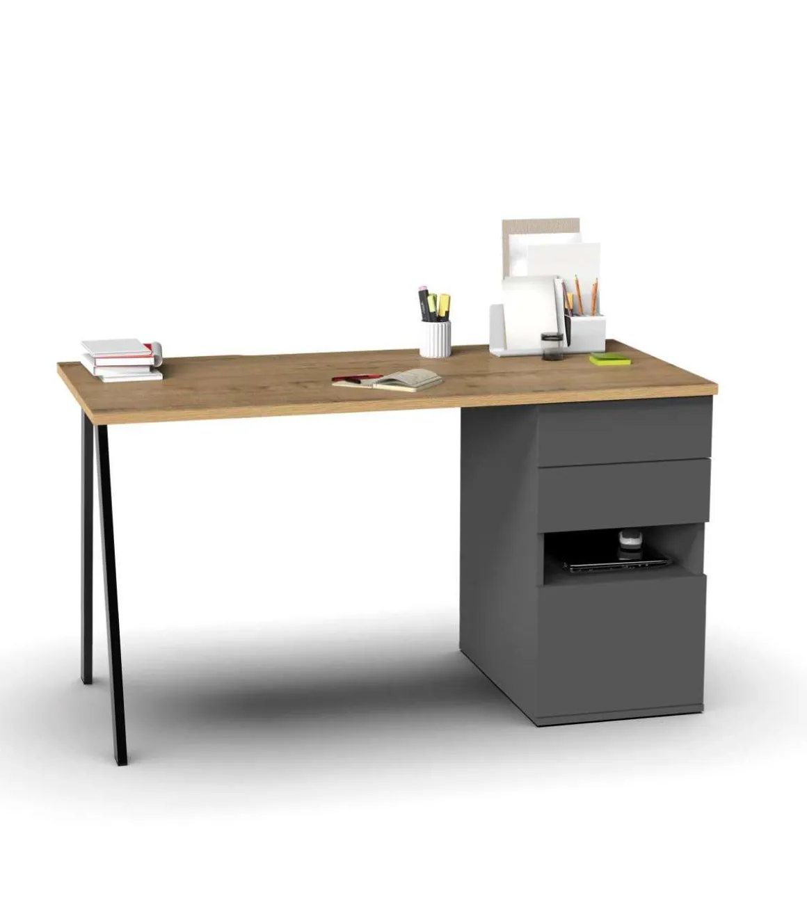 Mesa de despacho Kiroba acabado roble gold/gris, 76cm(alto) 137.5cm(ancho) 67cm(fondo)