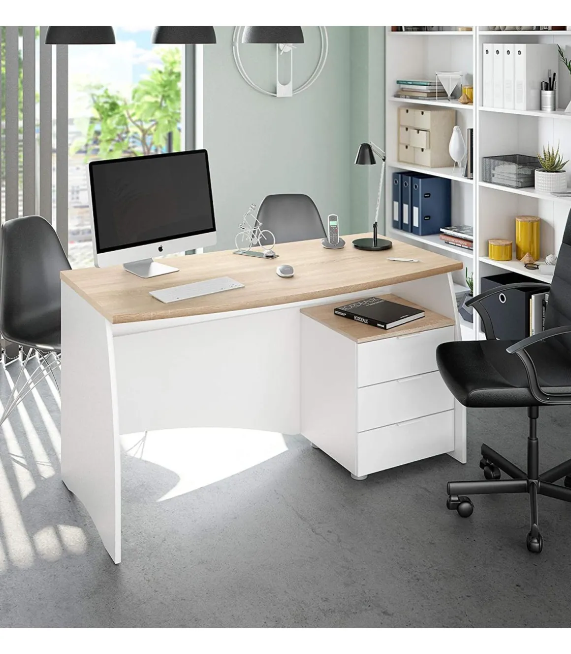 Mesa despacho Zoe con buc tres cajones Blanco Artik combinado Roble canadian 74 cm (alto) x 136 cm (ancho) x 67 cm (prof.)