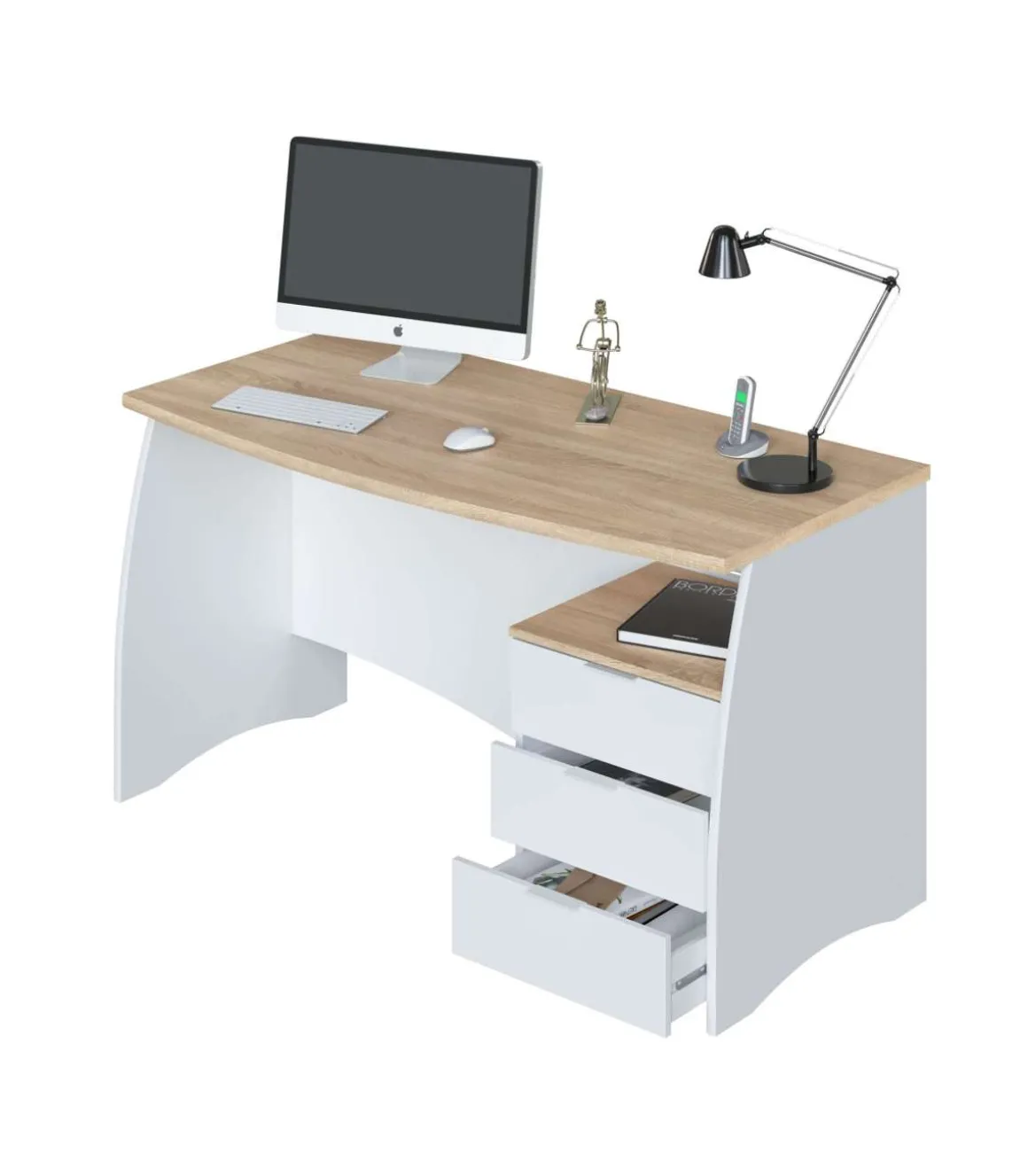 Mesa despacho Zoe con buc tres cajones Blanco Artik combinado Roble canadian 74 cm (alto) x 136 cm (ancho) x 67 cm (prof.)