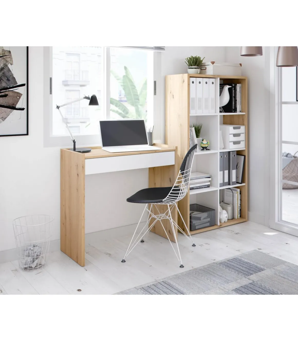Mesa escritorio Luka con cajón acabado en Roble y Blanco Artik 77 cm(alto) x 82 cm (ancho) x 40 cm (fondo)