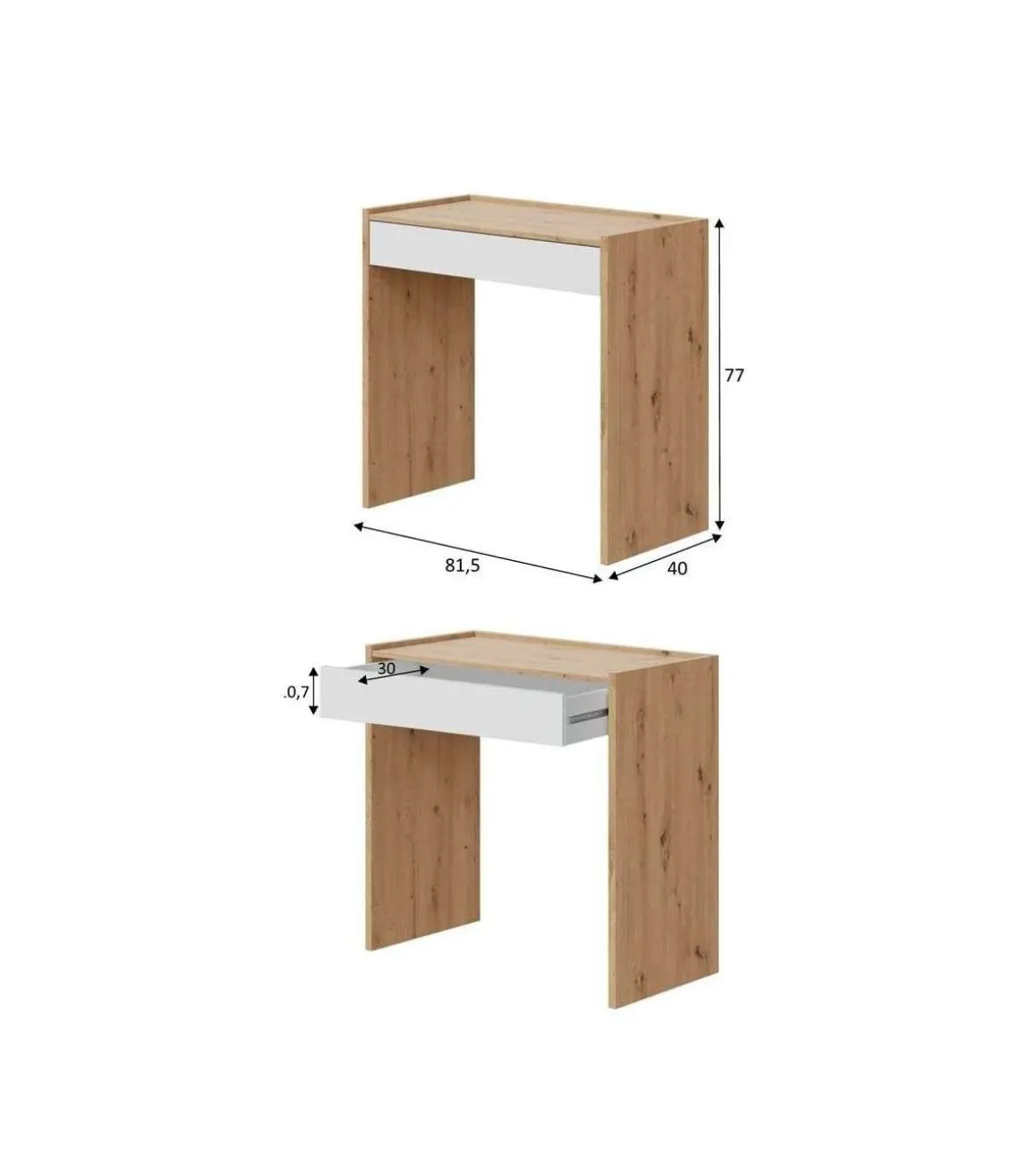 Mesa escritorio Luka con cajón acabado en Roble y Blanco Artik 77 cm(alto) x 82 cm (ancho) x 40 cm (fondo)