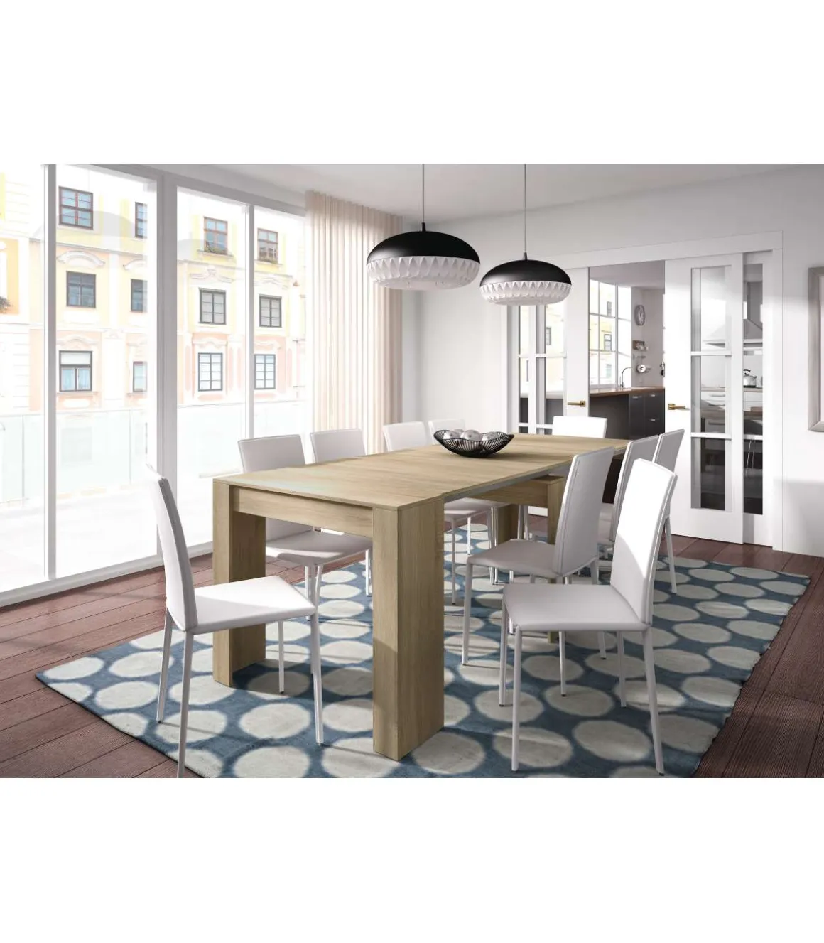 Mesa extensible con cinco posiciones acabado roble, 51/97.5/144/190.5/237cm (ancho) 78cm (alto) 90cm (fondo).