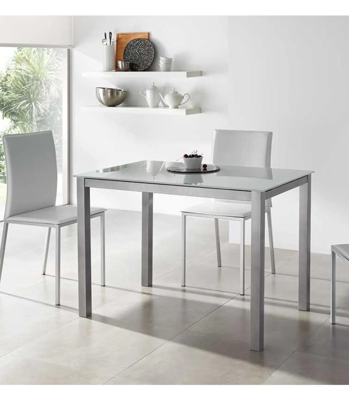 Mesa fija cocina cristal blanco patas grises 75 cm(alto)105 cm(ancho) 60 cm(fondo).
