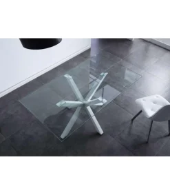 Mesa fija Cross para salon o cocina de cristal patas blancas 75 cm(alto)160 cm(ancho)90 cm(largo)