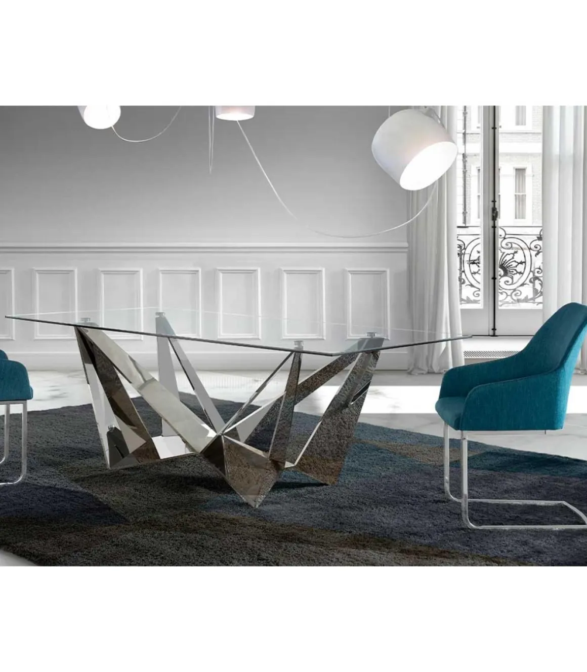 Mesa fija rectangular de vidrio templado Amparo, 220 x 100 x 77 cm (ancho x ancho x alto)