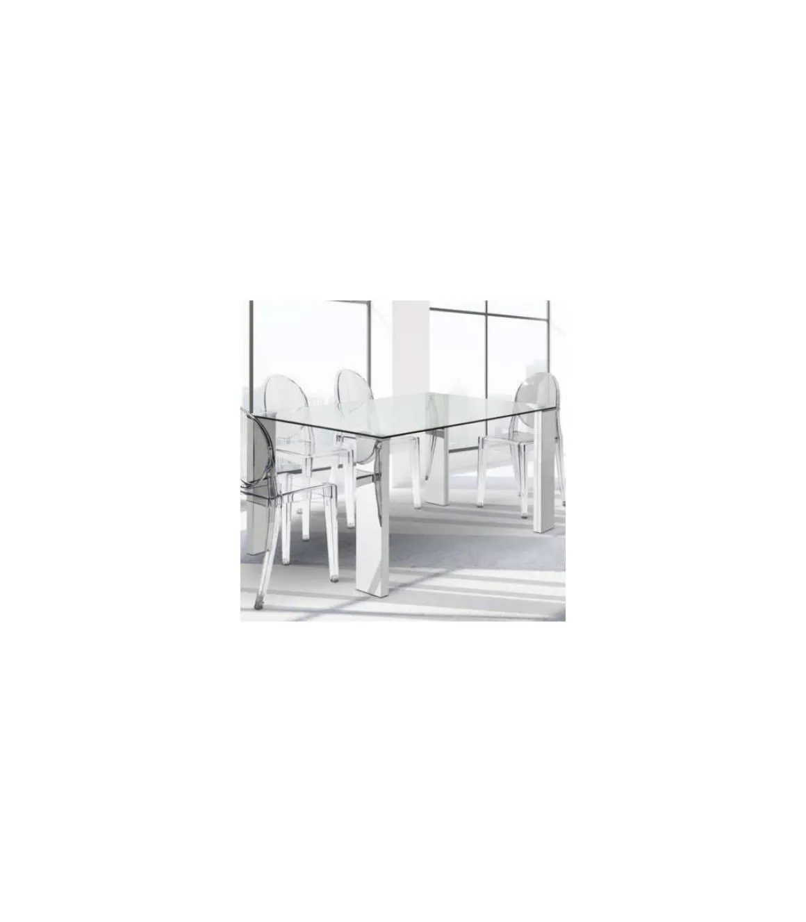 Mesa Orinoco de cristal y patas metálicas. 150 cm(ancho) 76 cm(altura) 90 cm(fondo)