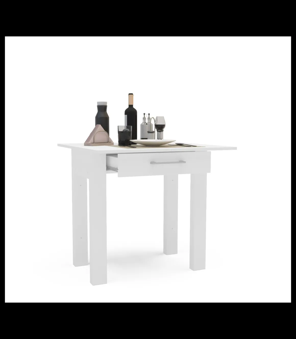 Mesa para cocina, comedor abatible 1 cajón Md-Bety acabado cristal blanco, 80cm(ancho) 75cm(altura) 40/80cm(fondo).