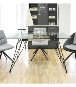 Mesa para cocina, comedor Md-Sally tapa cristal transparente, 140cm(ancho) 75cm(altura) 90cm(fondo).