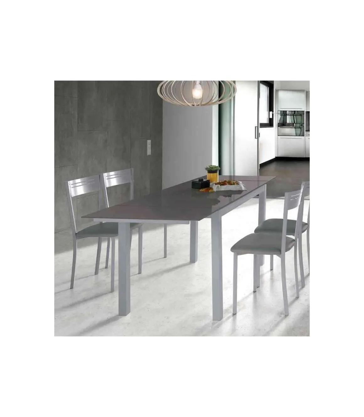 Mesa para cocina extensible acabado cristal gris, 76.5 cm(alto) 110/170 cm(ancho)70 cm(fondo).