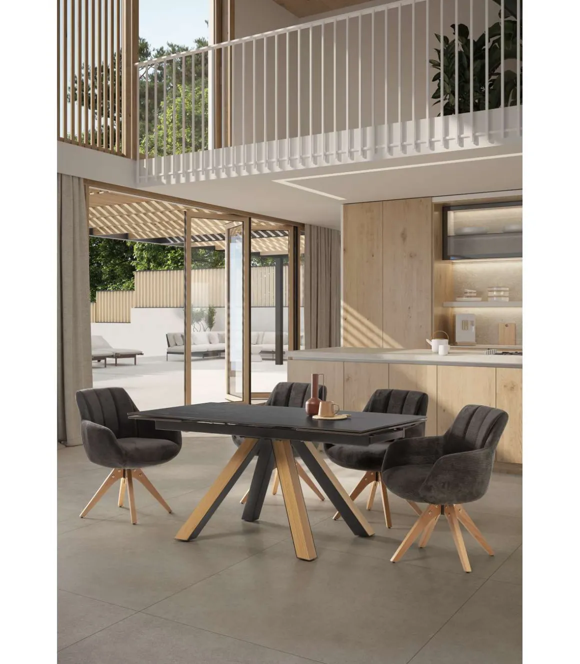 Mesa para comedor extensible Md-Azucena acabado negro/natural, 160/240cm(ancho) 76cm(altura) 90cm(fondo).