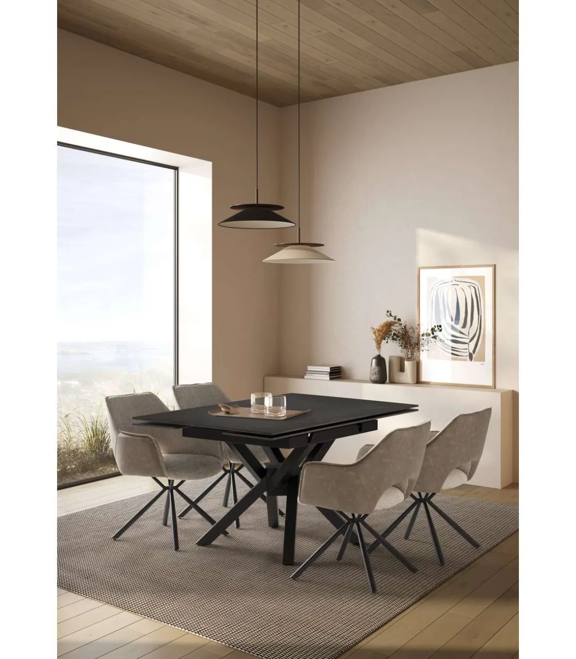 Mesa para comedor extensible Md-Alcoy acabado gris oscuro/negro, 90/150cm(ancho) 76cm(altura) 150cm(fondo).