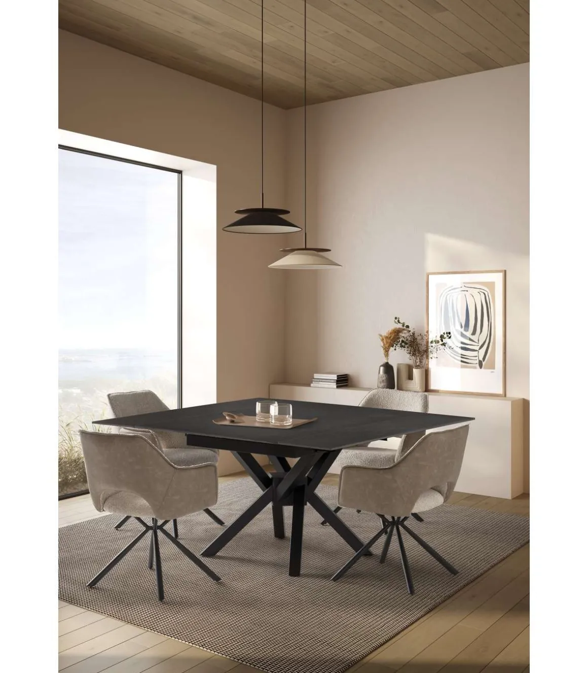 Mesa para comedor extensible Md-Alcoy acabado gris oscuro/negro, 90/150cm(ancho) 76cm(altura) 150cm(fondo).