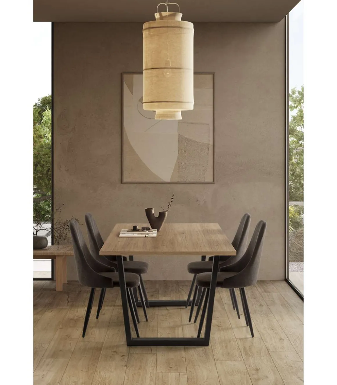 Mesa para comedor rectangular fija Md-Francis acabado natural/negro, 180cm(ancho) 75cm(altura) 100cm(fondo).