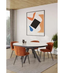Mesa para comedor redonda extensible Md-Lana acabado cerámica blanca, 120/160cm(ancho) 76cm(altura) 120cm(fondo).