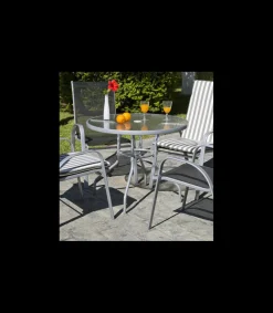 Mesa para terraza jardín en acero Seul-90, en acabado color plata (diámetro-alto): 90x75 cm..
