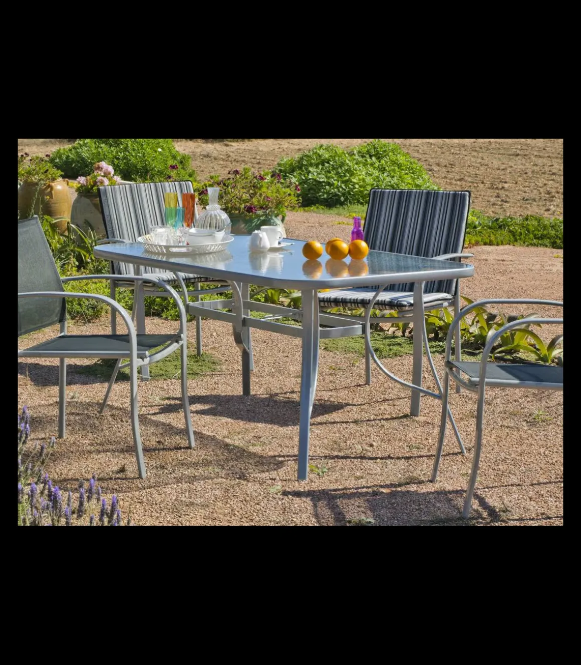 Mesa para terraza jardín en acero Seul-150, en acabado color plata.