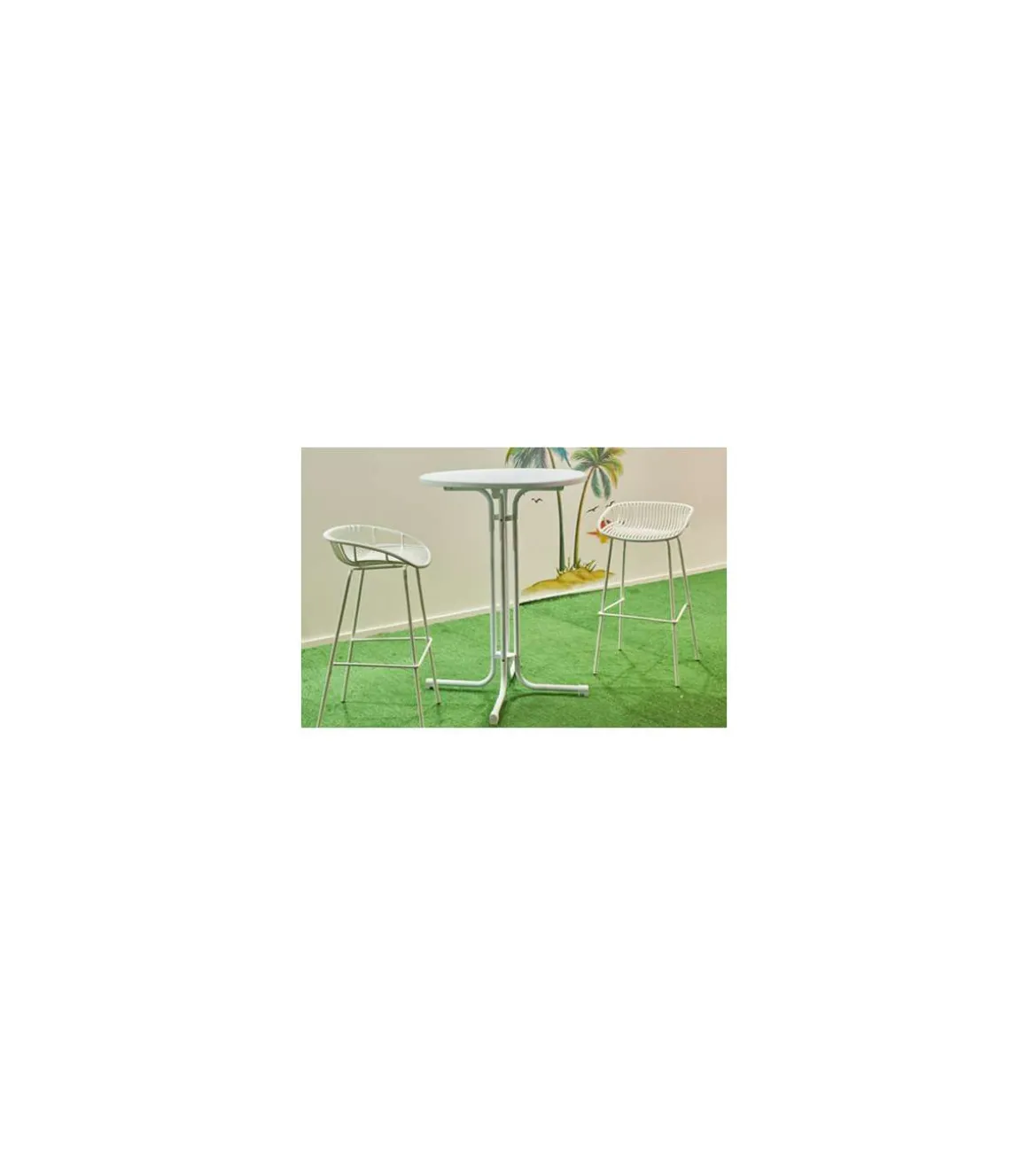 Mesa redonda alta plegable + funda Eventos cocktail acabado polietileno blanco, 107cm(alto) 80cm(ancho) 80cm(largo)