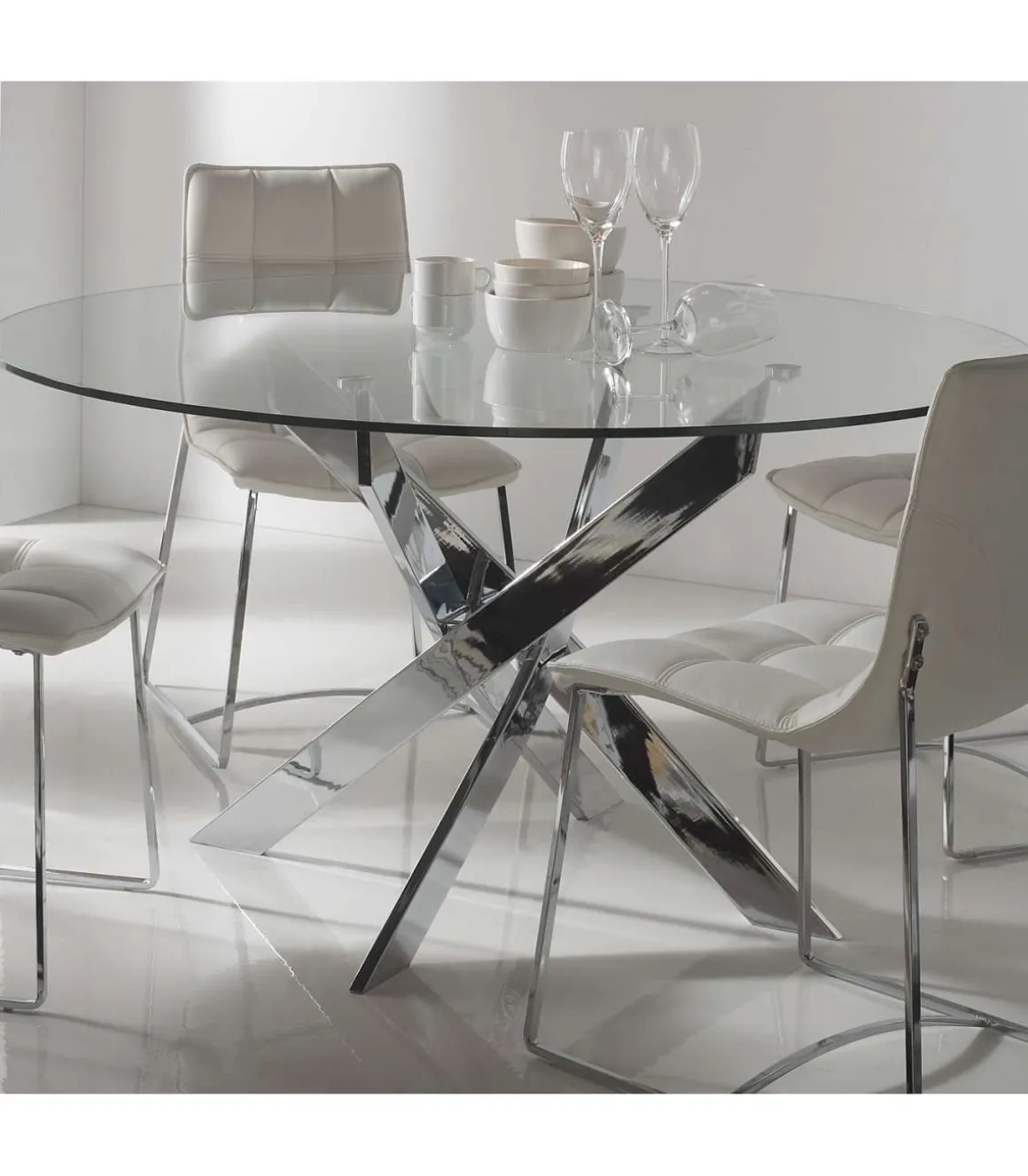 Mesa redonda modelo Rota acabado cromado 76 cm (alto) 140 cm (ancho) 140 cm (fondo)