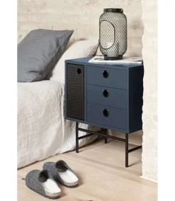Mesita de noche para dormitorio modelo Punto 1 puerta 3 cajones acabado azul/negro, 35cm(ancho) 55cm(alto) 48cm(largo)