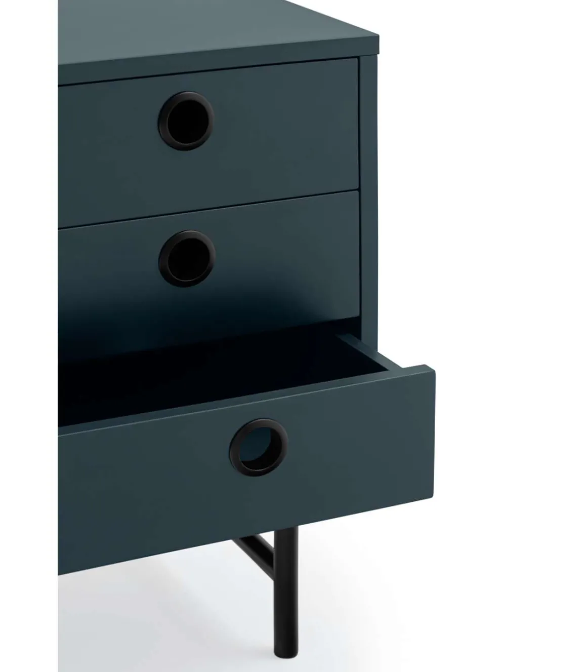 Mesita de noche para dormitorio modelo Punto 1 puerta 3 cajones acabado azul/negro, 35cm(ancho) 55cm(alto) 48cm(largo)