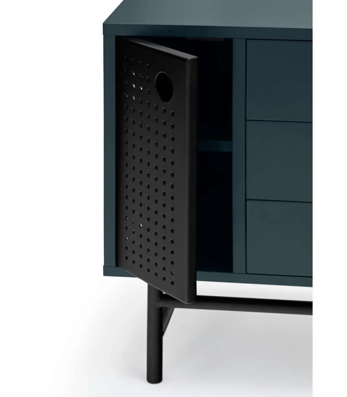 Mesita de noche para dormitorio modelo Punto 1 puerta 3 cajones acabado azul/negro, 35cm(ancho) 55cm(alto) 48cm(largo)