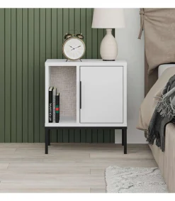 Mesita de noche para dormitorio Md-Leo 1 puerta, 1 hueco acabado blanco/negro, 45cm(ancho) 50cm(alto) 35cm(fondo).