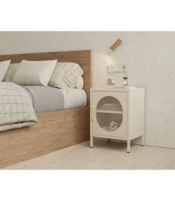 Mesita de noche para dormitorio Dora 1 puerta acabado en metal crema, 40cm(ancho) 60cm(alto) 35cm(fondo).