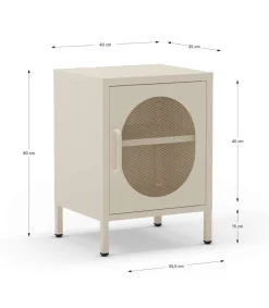 Mesita de noche para dormitorio Dora 1 puerta acabado en metal crema, 40cm(ancho) 60cm(alto) 35cm(fondo).