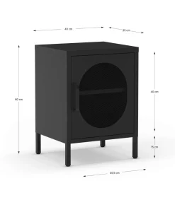 Mesita de noche para dormitorio Dora 1 puerta acabado en metal negro, 40cm(ancho) 60cm(alto) 35cm(fondo).