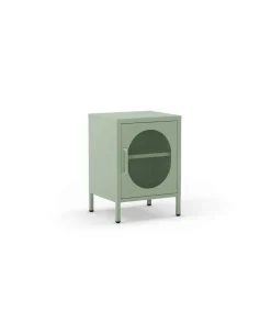 Mesita de noche para dormitorio Dora 1 puerta acabado en metal verde menta, 40cm(ancho) 60cm(alto) 35cm(fondo).