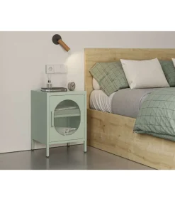Mesita de noche para dormitorio Dora 1 puerta acabado en metal verde menta, 40cm(ancho) 60cm(alto) 35cm(fondo).