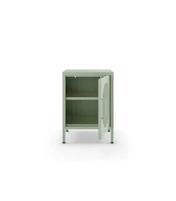 Mesita de noche para dormitorio Dora 1 puerta acabado en metal verde menta, 40cm(ancho) 60cm(alto) 35cm(fondo).