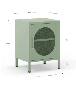 Mesita de noche para dormitorio Dora 1 puerta acabado en metal verde menta, 40cm(ancho) 60cm(alto) 35cm(fondo).