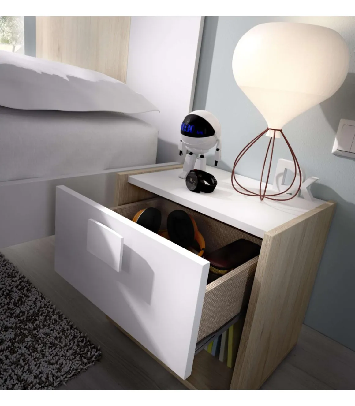 Mesita de noche Santisteban con 1 cajon en acabado natural/blanco 40 cm(alto)40 cm(ancho)33 cm(fondo)