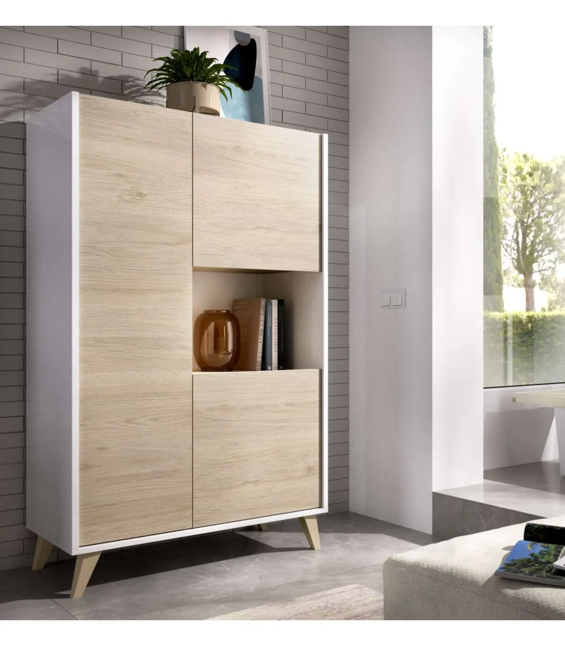 Modulo alto 3 puertas para salón o cocina Dina en Natural-Blanco, 135cm(alto) 81cm(ancho) 43cm(largo)
