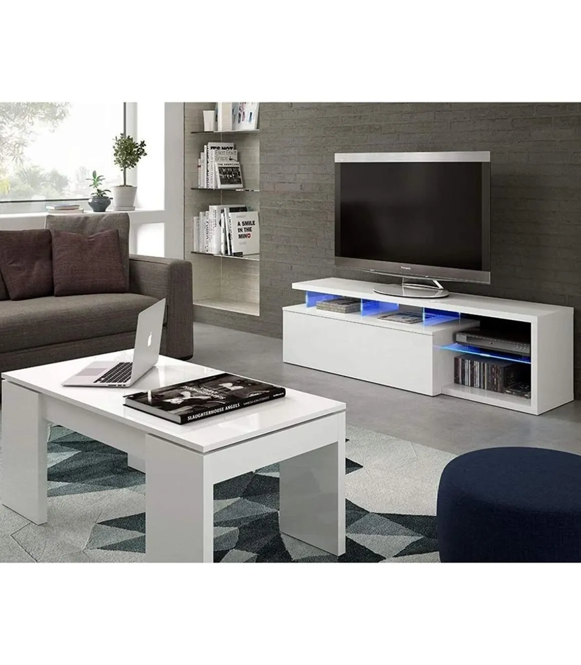 Modulo de TV Moderno, Mueble Salon Selena Blanco Brillo y Luces LED, Medidas: 150 cm (Ancho) x 43 cm (Alto) x 41 cm (Fondo)